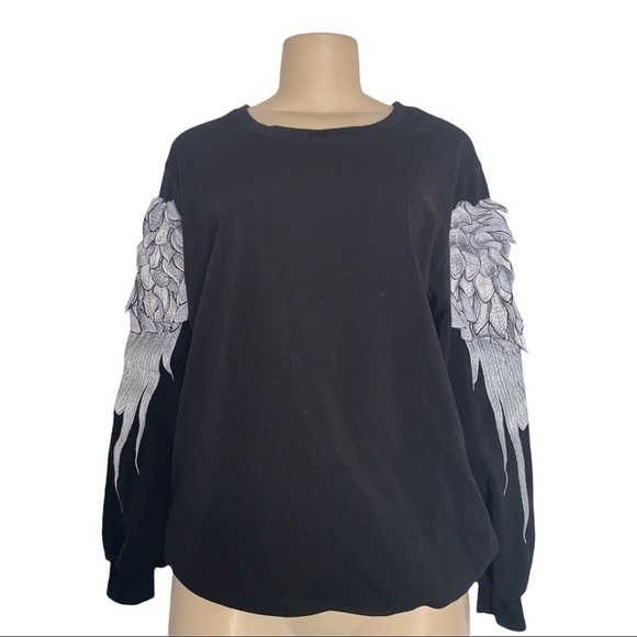 Angel Wing Oversized Stretch Pullover Sweatshirt Blouse Ribbed Waist Silver Leaf - Picture 2 of 5